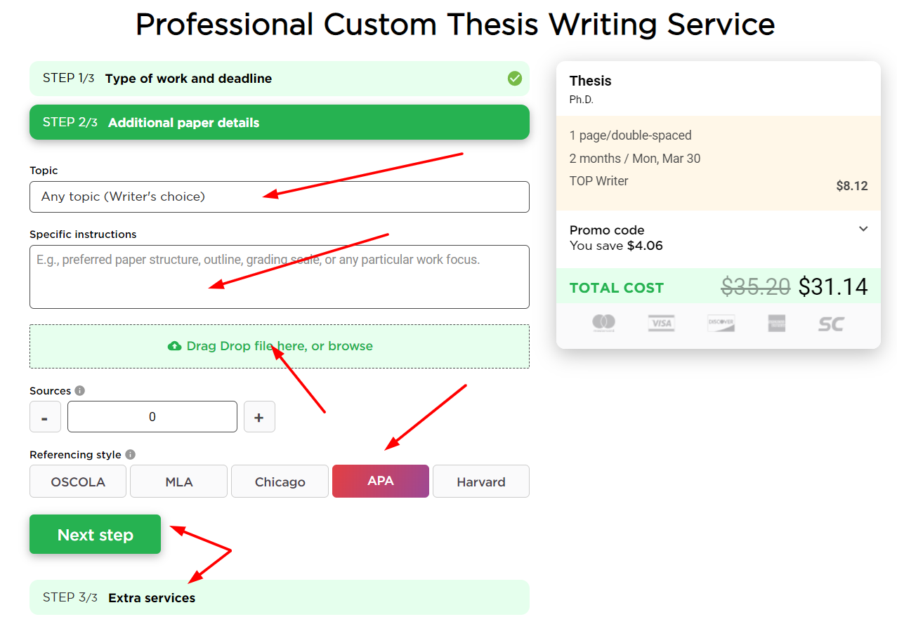 Specify a college thesis topic, add instructions, drag-&-drop extra files, and choose a referencing style.